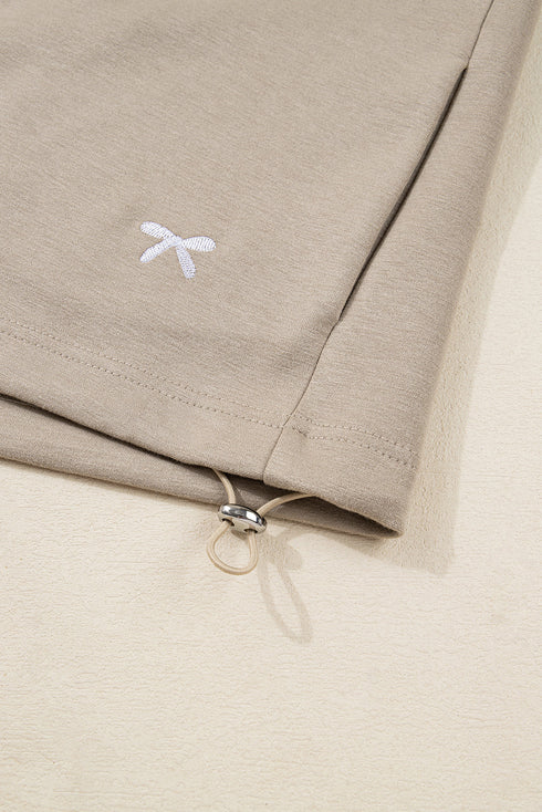 Contrast Bow Embroidered Satin Drawstring Zip Front Hooded Drop Shoulder Jacket
